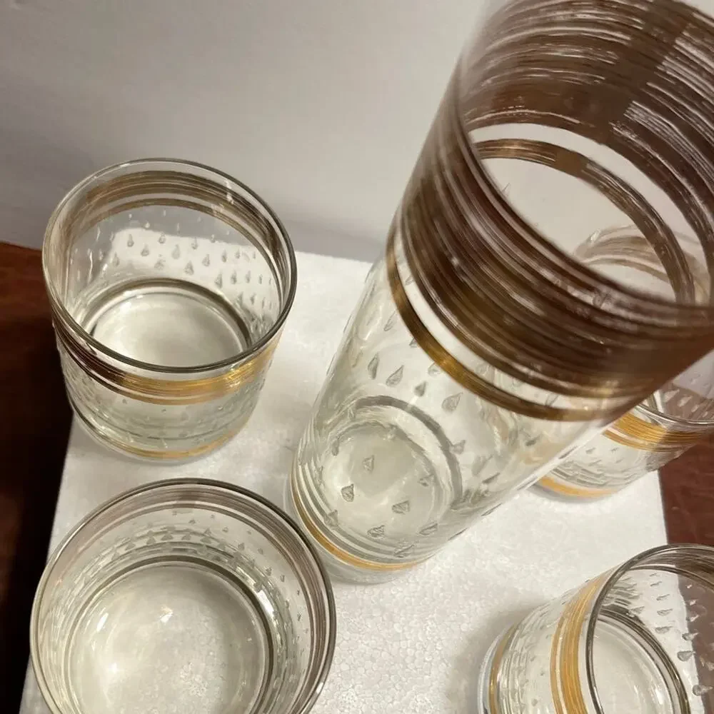 Vtg Cera Glass DewDrop 22kt pitcher + lowball glasses x4 RARE FIND cocktail set